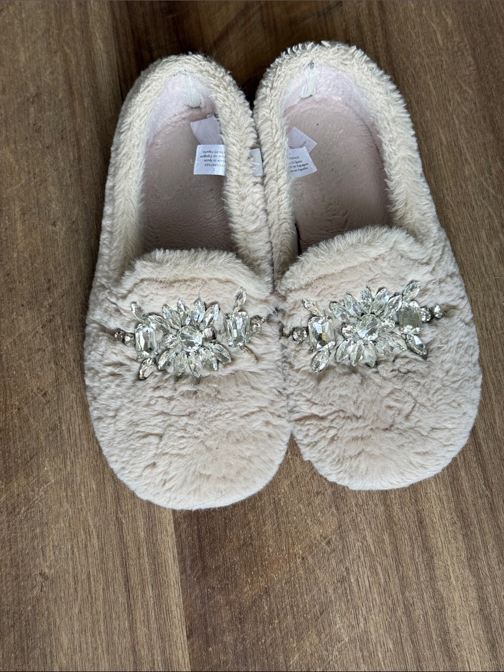 Free People Cream Faux Fur Jeweled Slippers